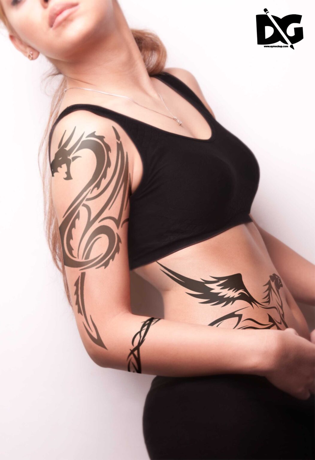 Free Download Women Right Side View Tattoo PSD Mockup